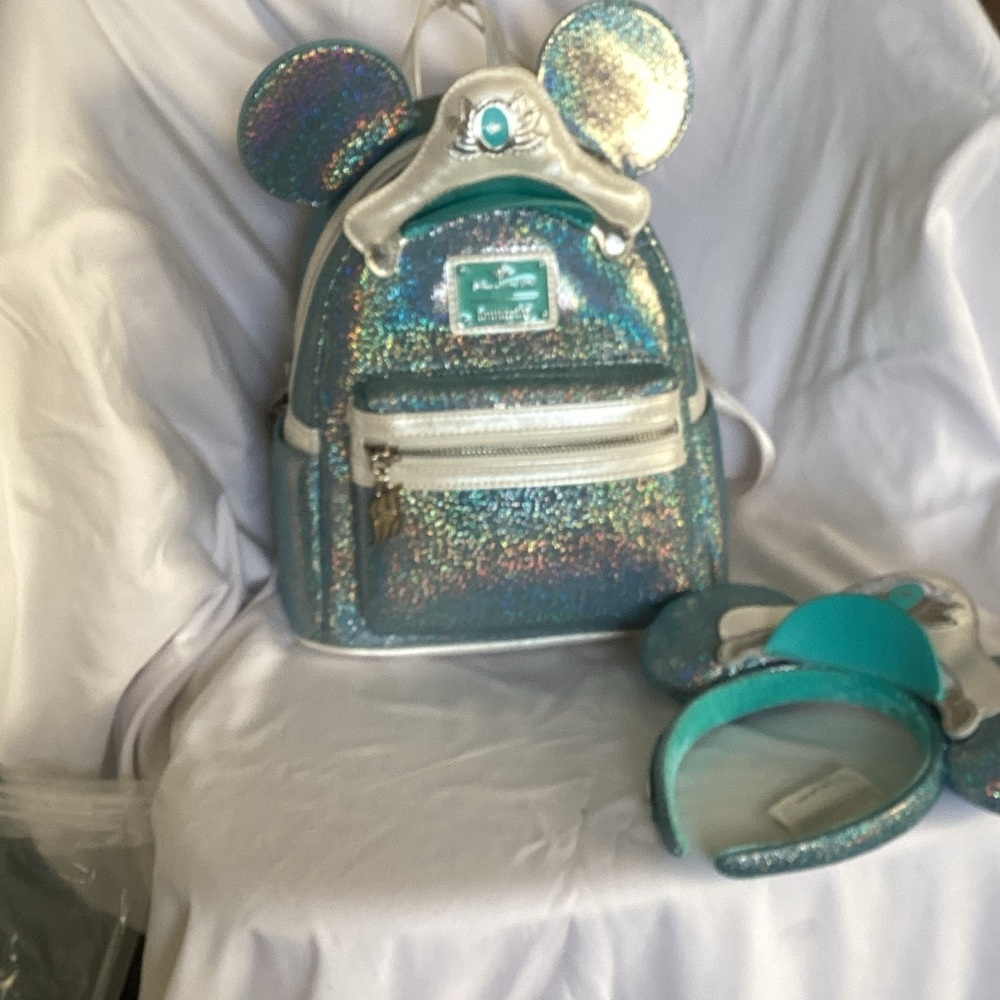 Loungefly Iridescent Teal Glitter Mickey Ear Mini Backpack with Headband